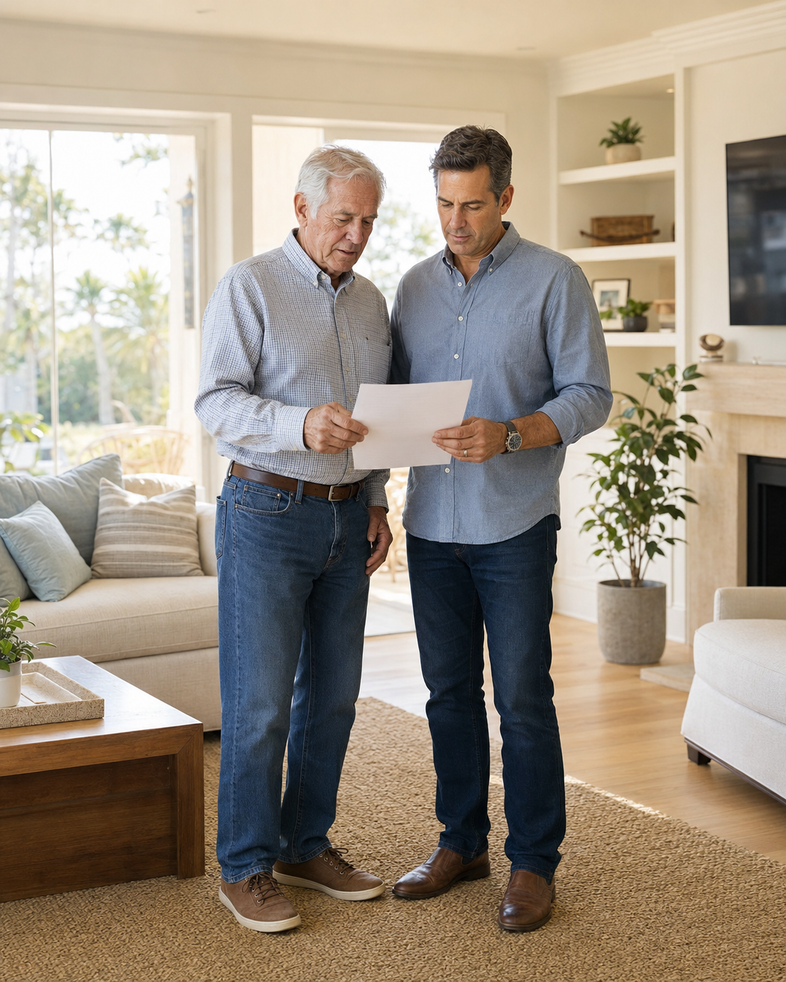 An older father and adult son reviewing home maintenance together