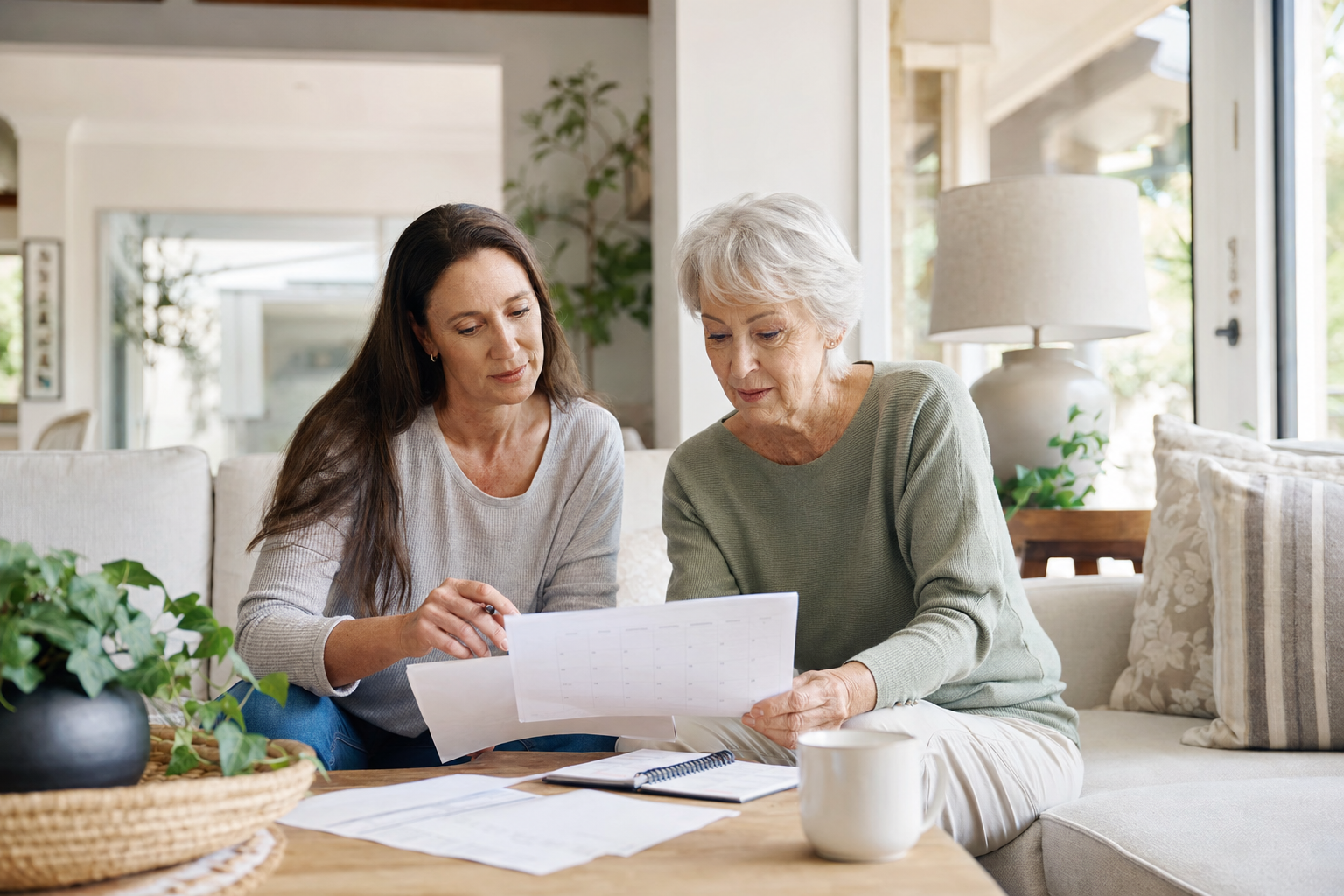 An older mother and her adult daughter reviewing a household calendar together at home